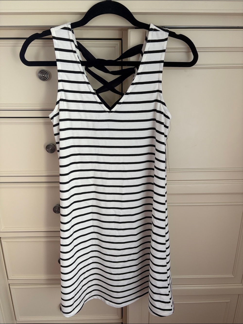 BCX Black & White Striped Sleeveless V-Neck Dress with Crisscross Back